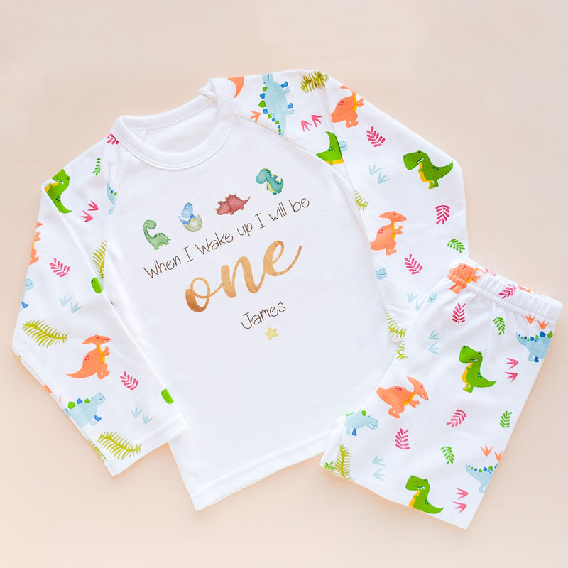 When I Wake Up I Will Be One Personalised Birthday Pyjamas Dino Set - Little Lili Store (8565332082968)