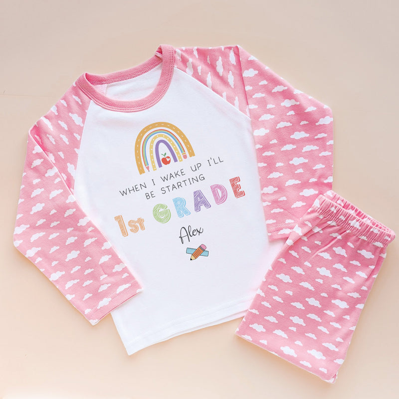 When I Wake Up I Will Be Starting 1st Grade Personalised Pyjamas Pink Cloud Set - Little Lili Store (8574749245720)