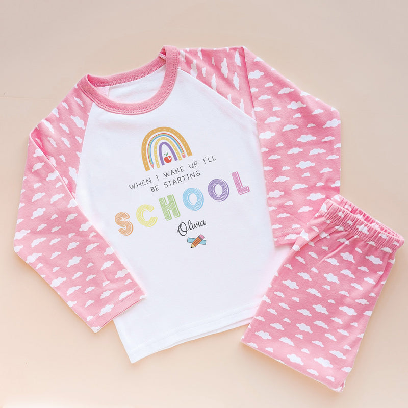 When I Wake Up I Will Be Starting School Personalised Pyjamas Pink Cloud Set - Little Lili Store (8574735941912)