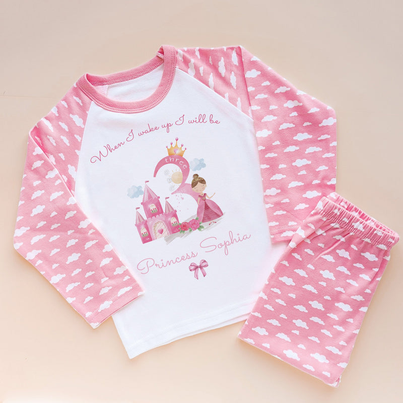 When I Wake Up I Will Be Three Personalised Birthday Pink Princess Pyjamas Set - Little Lili Store (8569895780632)