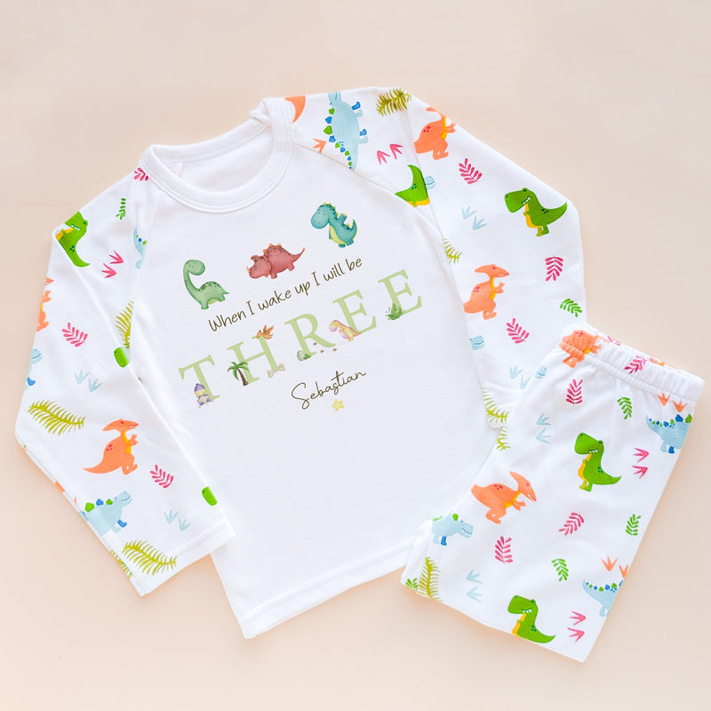 When I Wake Up I Will Be Three Personalised Birthday Pyjamas Dinosaur Set - Little Lili Store (8565675229464)