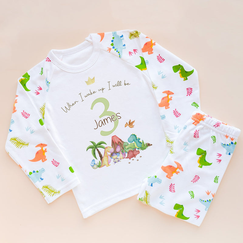 When I Wake Up I Will Be Three Personalised Birthday Pyjamas Set Dino King - Little Lili Store (8565706227992)