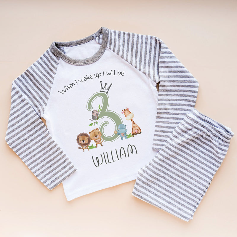 When I Wake Up I Will Be Three Personalised Birthday Safari Animals Pyjamas Set - Little Lili Store (8569621381400)